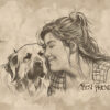 A woman leans her head affectionately against a large dog. Both appear content, with Best Friends written nearby in a charming handwritten style. Wall art print available in A1 to A4 sizes.