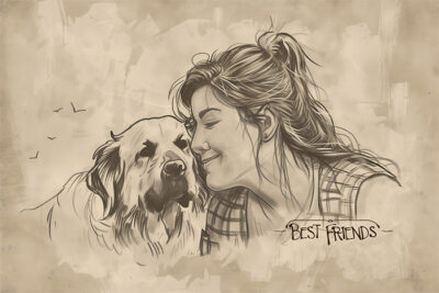 A woman leans her head affectionately against a large dog. Both appear content, with Best Friends written nearby in a charming handwritten style. Wall art print available in A1 to A4 sizes.