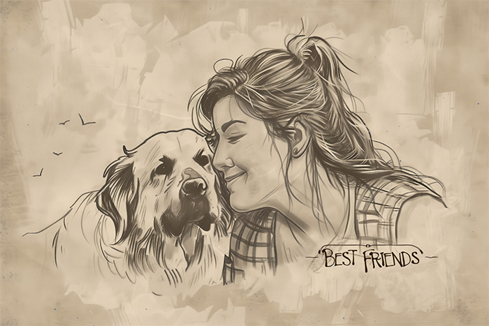 product-image-3-2-Recovered A woman leans her head affectionately against a large dog. Both appear content, with Best Friends written nearby in a charming handwritten style. Wall art print available in A1 to A4 sizes.