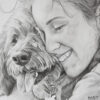 A woman smiles as she hugs her dog closely; both appear happy. The words BEST FRIENDS are written in the bottom right corner. The black and white image captures their joyful bond. Wall art print available in A1 to A4 sizes.