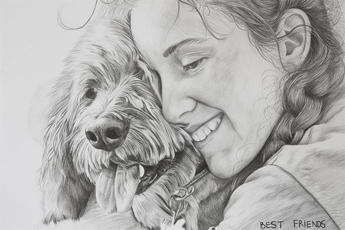 product-image-3-2-Recovered A woman smiles as she hugs her dog closely; both appear happy. The words BEST FRIENDS are written in the bottom right corner. The black and white image captures their joyful bond. Wall art print available in A1 to A4 sizes.