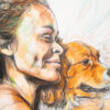 A woman with curly hair smiles with her eyes closed while hugging a dog, both facing the same direction in a colourful, expressive drawing titled Best Friends. Wall art print available in A1 to A4 sizes.