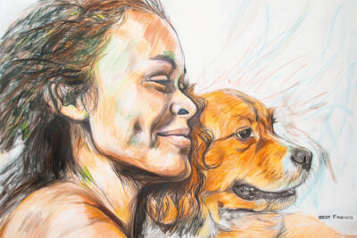 A woman with curly hair smiles with her eyes closed while hugging a dog, both facing the same direction in a colourful, expressive drawing titled Best Friends. Wall art print available in A1 to A4 sizes.