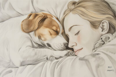 A woman and a dog lie side by side on a bed, both resting with content expressions and their faces close together. The words “Best Friends” appear in the bottom right corner. Wall art print available in A1 to A4 sizes.