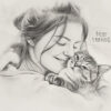 A pencil sketch of a smiling woman hugging a cat, with the words Best Friends written beside them. Wall art print available in A1 to A4 sizes.