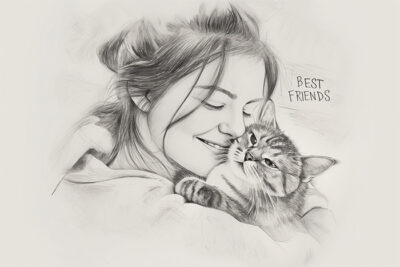 A pencil sketch of a smiling woman hugging a cat, with the words Best Friends written beside them. Wall art print available in A1 to A4 sizes.