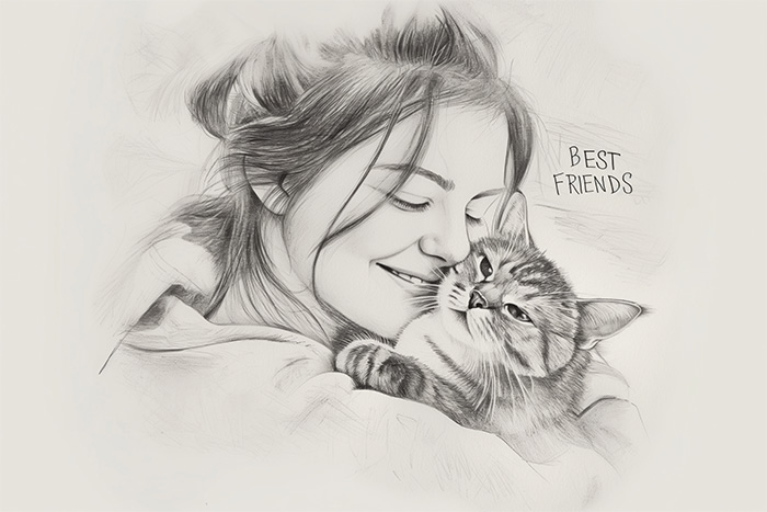 product-image-3-2-Recovered A pencil sketch of a smiling woman hugging a cat, with the words Best Friends written beside them. Wall art print available in A1 to A4 sizes.