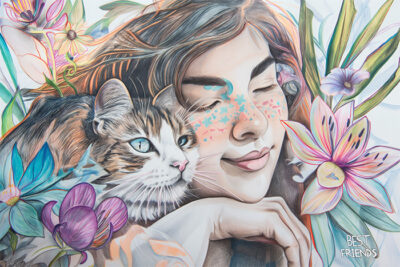 Illustration of a smiling woman with closed eyes resting her head next to a cat, surrounded by colourful flowers and the words Best Friends in the corner. Wall art print available in A1 to A4 sizes.