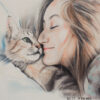 A woman and a cat lie close together, touching faces and appearing content, with the words Best Friends written below them. Wall art print available in A1 to A4 sizes.