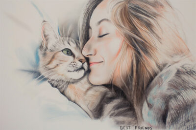A woman and a cat lie close together, touching faces and appearing content, with the words Best Friends written below them. Wall art print available in A1 to A4 sizes.