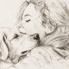 Pencil sketch of a woman hugging her dog, both appearing content; the words Best Friends are written in the bottom right corner. Wall art print available in A1 to A4 sizes.