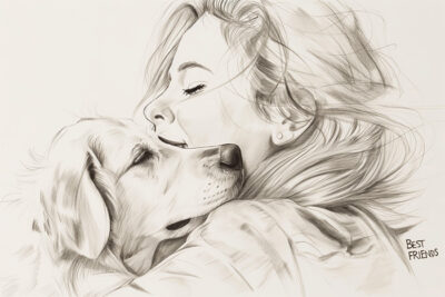 Pencil sketch of a woman hugging her dog, both appearing content; the words Best Friends are written in the bottom right corner. Wall art print available in A1 to A4 sizes.