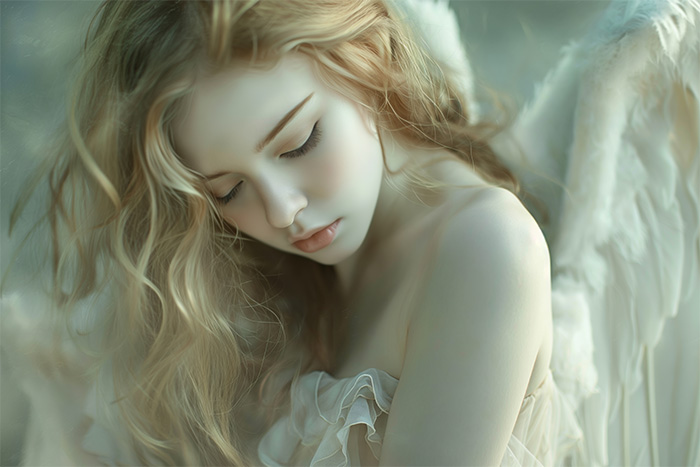 product-image-3-2 A young woman with long, wavy blonde hair and white feathered wings looks downward with a serene expression, dressed in a soft, flowing garment. Fantasy art poster available in A1 to A4 sizes.