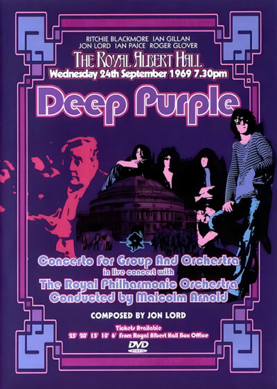 Poster for Deep Purple’s legendary 1969 concert at the Royal Albert Hall on September 24, featuring band members, show details, and vibrant psychedelic design elements. Music poster print available in A1 to A4 sizes.