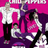 Illustrated poster of the Red Hot Chili Peppers for MTV Live at the EMA 2011 in Belfast, featuring band members in energetic poses on a pink and purple background with event date November 6. Music poster print available in A1 to A4 sizes.