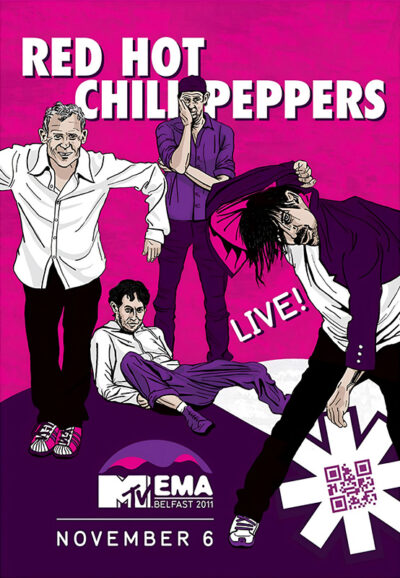 Illustrated poster of the Red Hot Chili Peppers for MTV Live at the EMA 2011 in Belfast, featuring band members in energetic poses on a pink and purple background with event date November 6. Music poster print available in A1 to A4 sizes.
