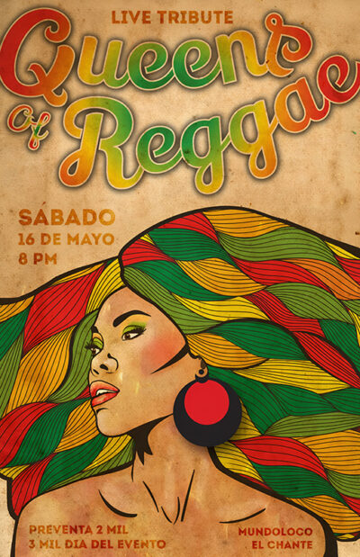 Illustrated poster for a Queens of Reggae tribute event, featuring a woman with colourful hair, event details, and Queens of Reggae boldly displayed in stylized letters. Music poster print available in A1 to A4 sizes.