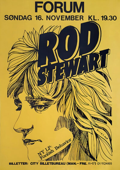 Yellow Norwegian concert poster for Rod Stewart featuring a stylized drawing of his face, event details, and promotion for his Foolish Behavior album. Music poster print available in A1 to A4 sizes.