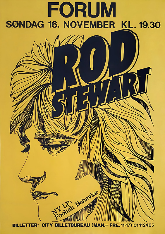 Yellow Norwegian concert poster for Rod Stewart featuring a stylized drawing of his face, event details, and promotion for his Foolish Behavior album. Music poster print available in A1 to A4 sizes.