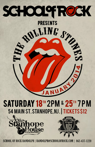 School Of Rock poster for a Rolling Stones event at The Stanhope House in January 2014, featuring the iconic red lips and tongue logo, event dates, times, location details, and ticket price. Music poster print available in A1 to A4 sizes.