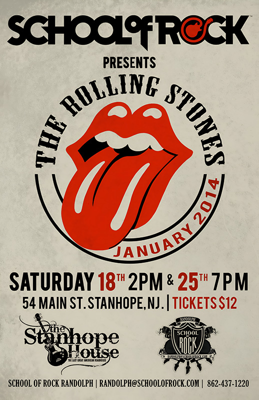 product-image School Of Rock poster for a Rolling Stones event at The Stanhope House in January 2014, featuring the iconic red lips and tongue logo, event dates, times, location details, and ticket price. Music poster print available in A1 to A4 sizes.