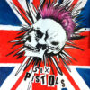 Illustration of a skull with a pink mohawk over a distressed Union Jack flag, featuring “Sex Pistols” in cut-out style letters below. Music poster print available in A1 to A4 sizes.