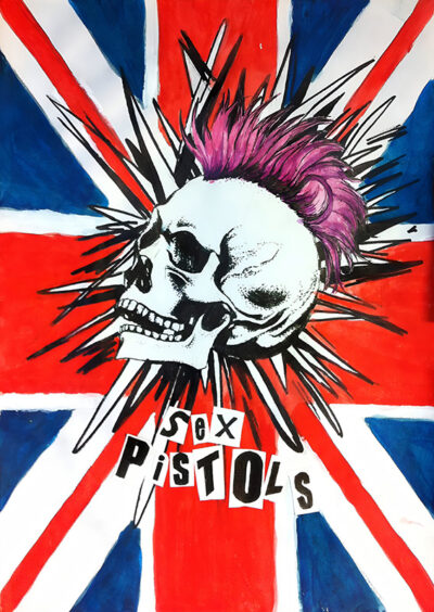 Illustration of a skull with a pink mohawk over a distressed Union Jack flag, featuring “Sex Pistols” in cut-out style letters below. Music poster print available in A1 to A4 sizes.