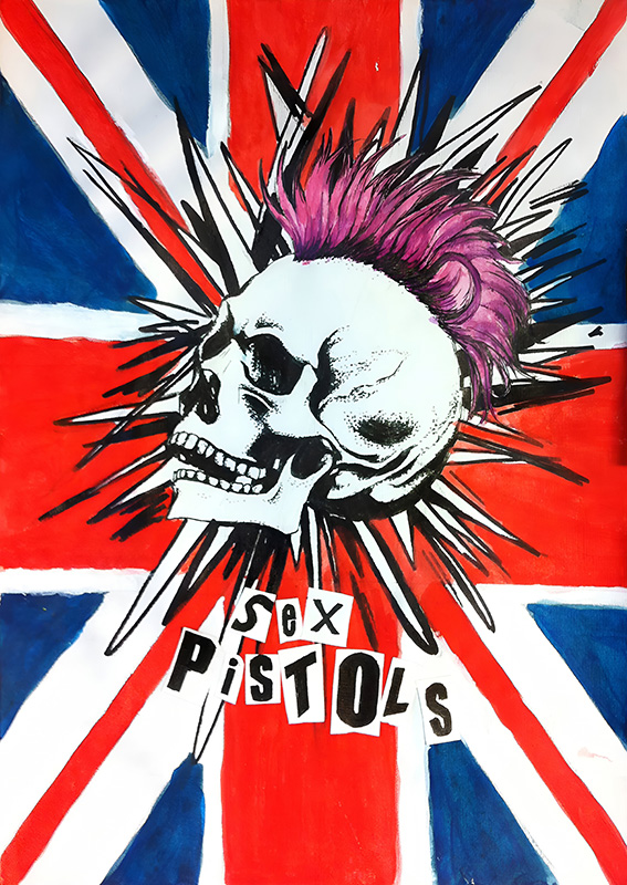 product-image Illustration of a skull with a pink mohawk over a distressed Union Jack flag, featuring “Sex Pistols” in cut-out style letters below. Music poster print available in A1 to A4 sizes.