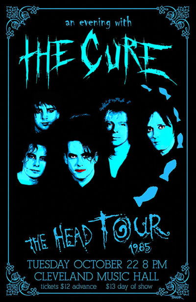 Concert poster for The Cure’s 1985 The Head Tour, featuring a blue-tinted band photo and event details for October 22 at Cleveland Music Hall. Music poster print available in A1 to A4 sizes.