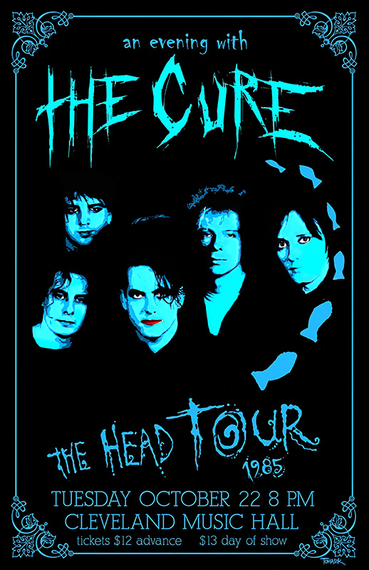 product-image Concert poster for The Cure’s 1985 The Head Tour, featuring a blue-tinted band photo and event details for October 22 at Cleveland Music Hall. Music poster print available in A1 to A4 sizes.