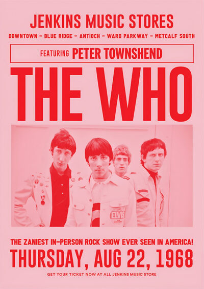 A promotional poster for The Who’s 1968 concert, featuring a black-and-white band photo and event details, with bold red text on a pink background. Music poster print available in A1 to A4 sizes.