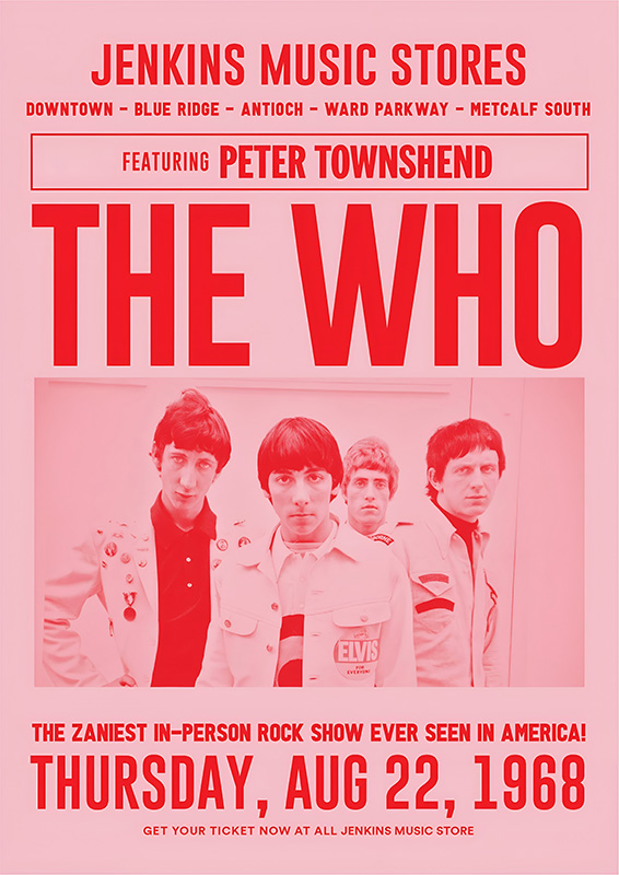 A promotional poster for The Who’s 1968 concert, featuring a black-and-white band photo and event details, with bold red text on a pink background. Music poster print available in A1 to A4 sizes.
