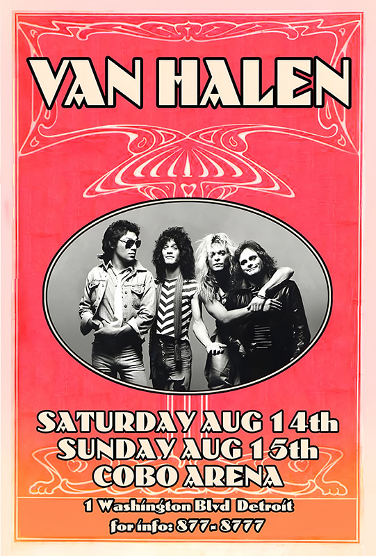 product-image Van Halen concert poster featuring a band photo, advertising Detroit 1982 shows on August 14 and 15 at Cobo Arena, with a contact number for info. Music poster print available in A1 to A4 sizes.