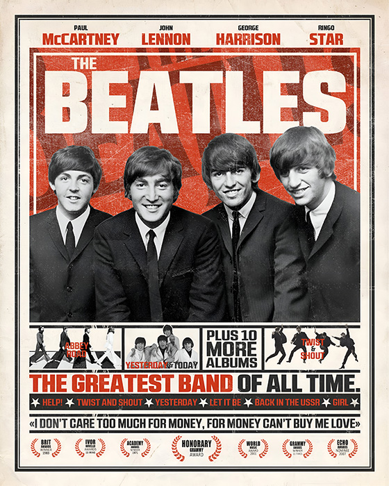 product-image-4-5 A vintage-style poster featuring The Beatles, often hailed as the greatest band of all time, with photos of the band members and promotion of their albums and songs. Music poster print available in A1 to A4 sizes.