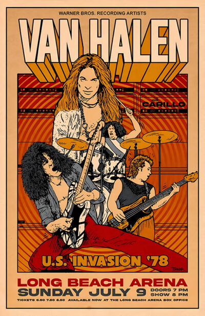 Poster for Van Halen’s U.S. Invasion 1978 concert at Long Beach Arena on Sunday, July 9, featuring illustrated band members and event details. Music poster print available in A1 to A4 sizes.