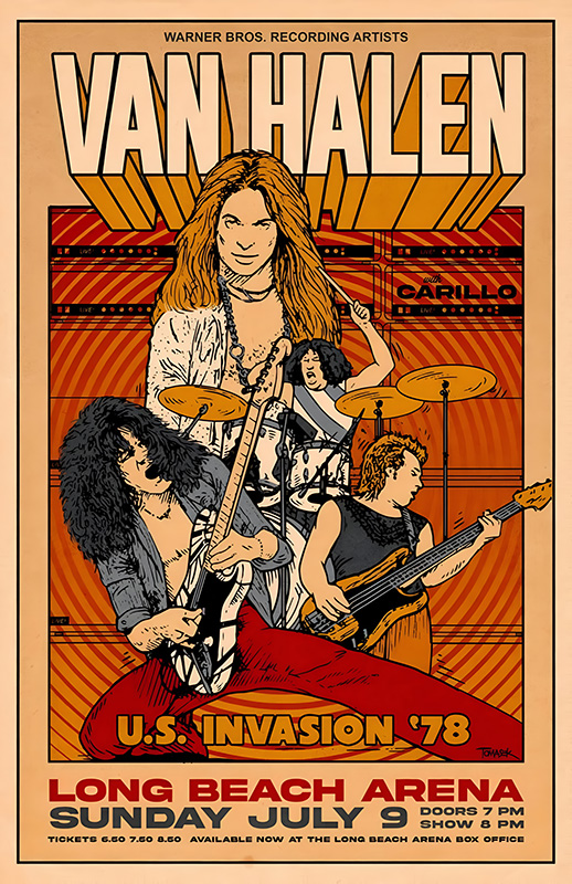 product-image Poster for Van Halen’s U.S. Invasion 1978 concert at Long Beach Arena on Sunday, July 9, featuring illustrated band members and event details. Music poster print available in A1 to A4 sizes.