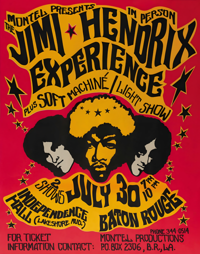Psychedelic concert poster for the Jimi Hendrix Experience, featuring band portraits and show details for July 30 at Independence Hall, Baton Rouge. Music poster print available in A1 to A4 sizes.