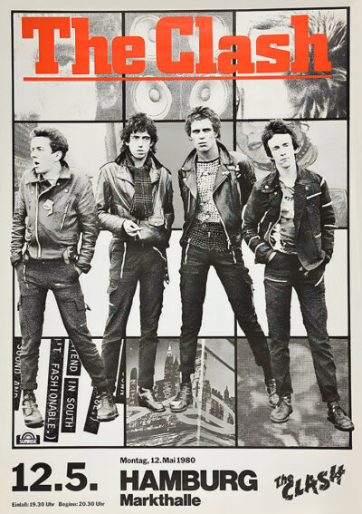 Black and white poster of The Clash band members standing in front of a wall, promoting their legendary Hamburg 1980 concert at Markthalle on May 12. Music poster print available in A1 to A4 sizes.