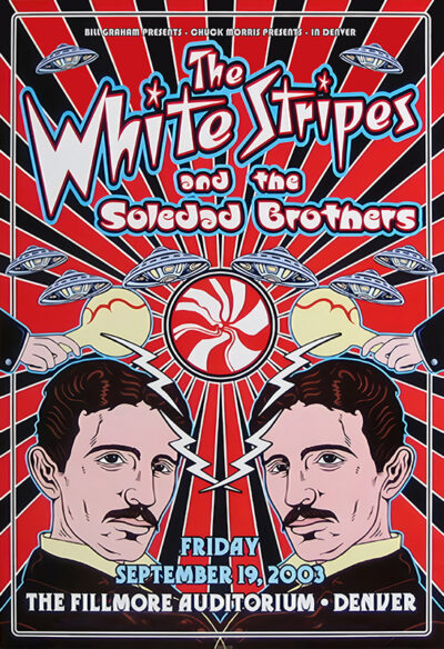 Concert poster for The White Stripes and The Soledad Brothers, featuring illustrated portraits, UFOs, and event details for Denver 2003 at the Fillmore Auditorium. Music poster print available in A1 to A4 sizes.