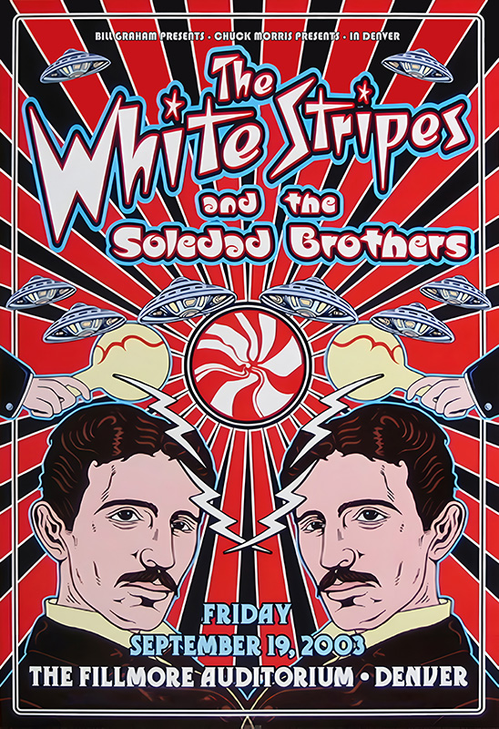 product-image Concert poster for The White Stripes and The Soledad Brothers, featuring illustrated portraits, UFOs, and event details for Denver 2003 at the Fillmore Auditorium. Music poster print available in A1 to A4 sizes.