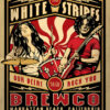Poster-style illustration of a woman playing drums and a man playing guitar, advertising Brewco in Manhattan Beach, California, with The White Stripes and Our Beers Will Rock You text. Music poster print available in A1 to A4 sizes.