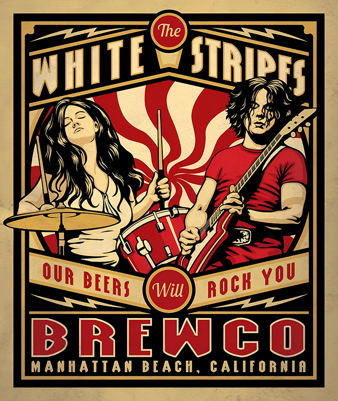 product-image Poster-style illustration of a woman playing drums and a man playing guitar, advertising Brewco in Manhattan Beach, California, with The White Stripes and Our Beers Will Rock You text. Music poster print available in A1 to A4 sizes.