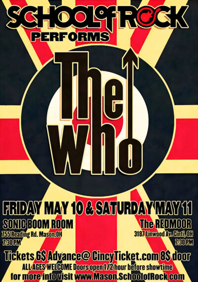 Poster for a School Of Rock Ohio performance featuring the music of The Who, with event details for May 10-11 at two Ohio venues. Includes ticket prices and website for more info. Music poster print available in A1 to A4 sizes.