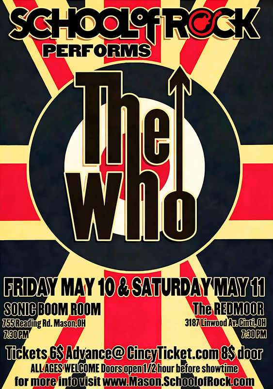 Poster for a School Of Rock Ohio performance featuring the music of The Who, with event details for May 10-11 at two Ohio venues. Includes ticket prices and website for more info. Music poster print available in A1 to A4 sizes.