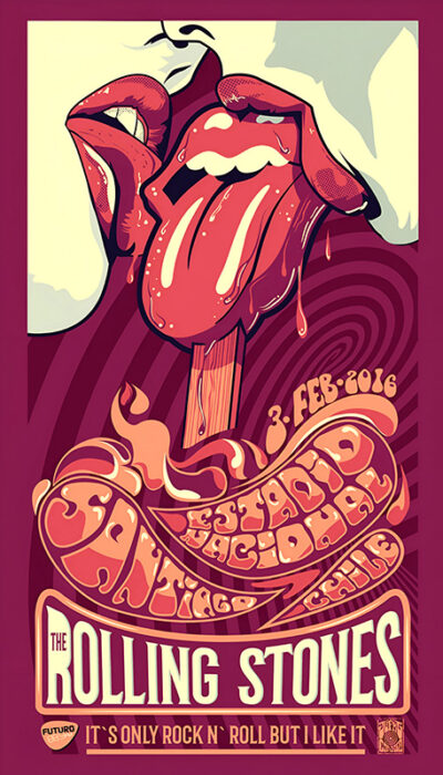 Poster for The Rolling Stones concert, Santiago Chile 2016, on February 3rd. Features the band’s iconic tongue logo, psychedelic-style graphics, and the legendary phrase Its Only Rock N Roll. Music poster print available in A1 to A4 sizes.