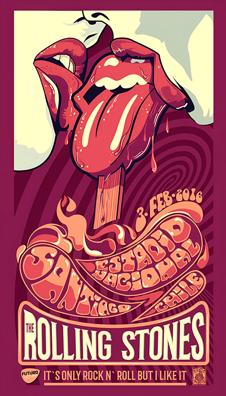 Poster for The Rolling Stones concert, Santiago Chile 2016, on February 3rd. Features the band’s iconic tongue logo, psychedelic-style graphics, and the legendary phrase Its Only Rock N Roll. Music poster print available in A1 to A4 sizes.