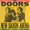 Concert poster for The Doors at New Haven Arena on December 10, 1967, featuring a bold band photo with Jim Morrison and event details on a vibrant yellow, pink, and green gradient background. Music poster print available in A1 to A4 sizes.