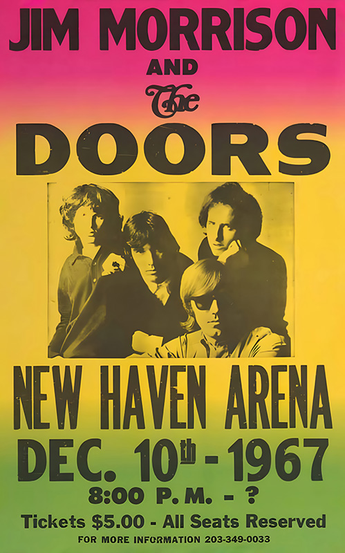product-image Concert poster for The Doors at New Haven Arena on December 10, 1967, featuring a bold band photo with Jim Morrison and event details on a vibrant yellow, pink, and green gradient background. Music poster print available in A1 to A4 sizes.