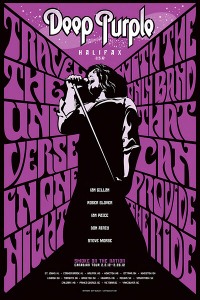 Poster for Deep Purple’s Halifax concert featuring a silhouette of a singer with microphone, bold psychedelic text, and Canadian Tour 2012 dates listed at the bottom—celebrate Smoke On The Nation in style. Music poster print available in A1 to A4 sizes.