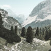 A narrow hiking trail winds through grassy terrain with scattered rocks and pine trees, leading toward large, rugged mountains under a pale sky. Nature and landscape poster print available in A1 to A4 sizes.